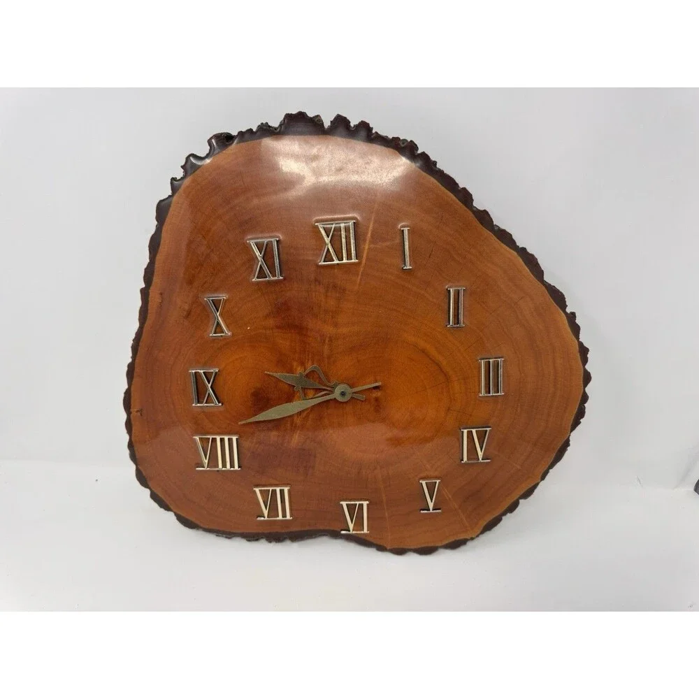 Vintage Live Edge Wood Slice Wall Clock Roman Numerals 15x16 Tested
